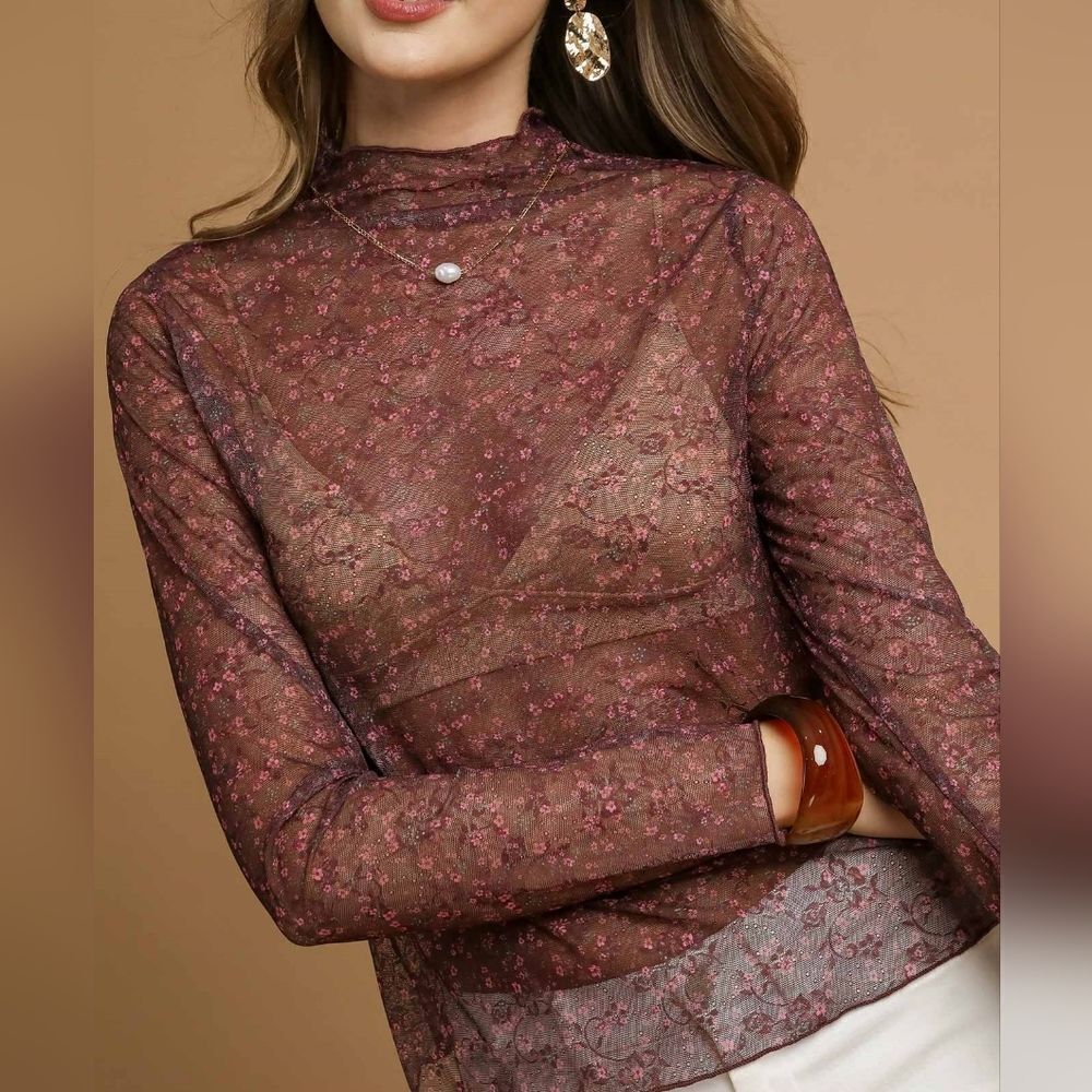 SALE ◇ Umgee Nylon Lace Mesh Long Sleeve Top In Burgundy All Sizes